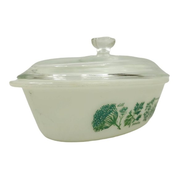 Vintage Glasbake J235 1Qt Casserole Dish Herb Garden Pattern With Lid Milk Glass - Picture 15 of 16